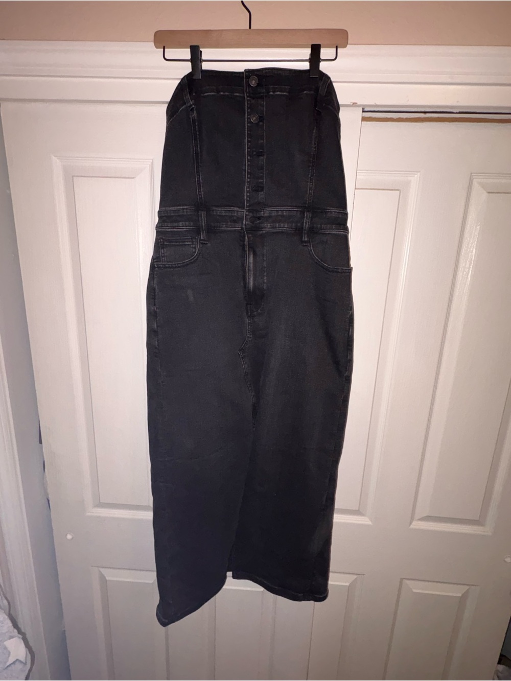 American Eagle Strapless Black Denim Midi Dress with Front Slit - Picture 4 of 8